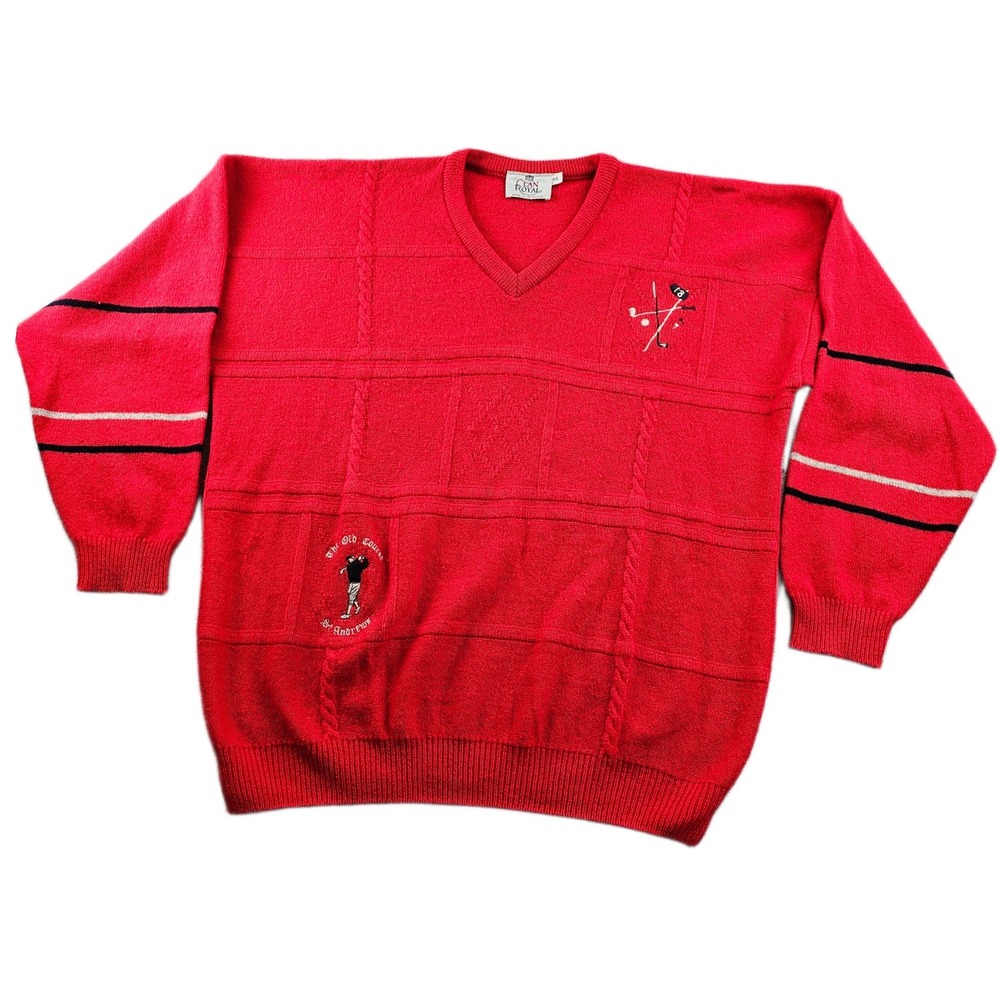 Clan Royal St. Andrews Old Course Sweater Mens 46 Red Knit Long Sleeve V Neck